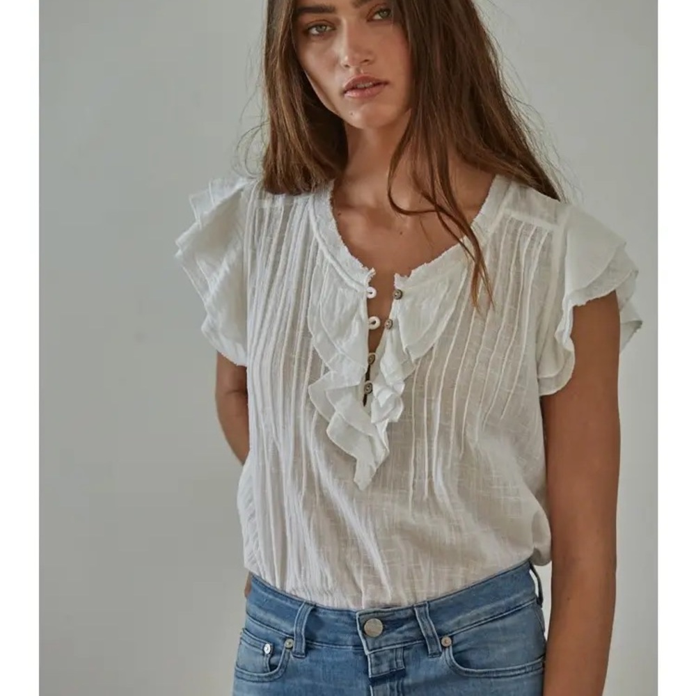By Together Cream Ruffled Tie Front Blouse - Picture 2 of 4